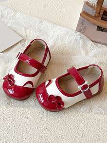 婴儿休闲简约平底鞋，轻便舒适，蝴蝶结装饰女童鞋 - 紅色 - 查看 3