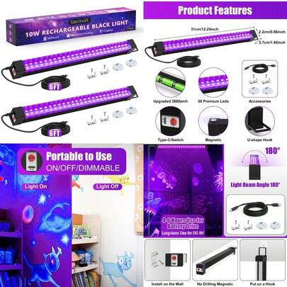 New Rechargeable Black Light Bar 2 Packs Battery Powered Black Lights For Glow Party Cordless UV Strip Lights With On/Off/Dimma/Flash Switch For Classroom Fishing Paint Poster Stage