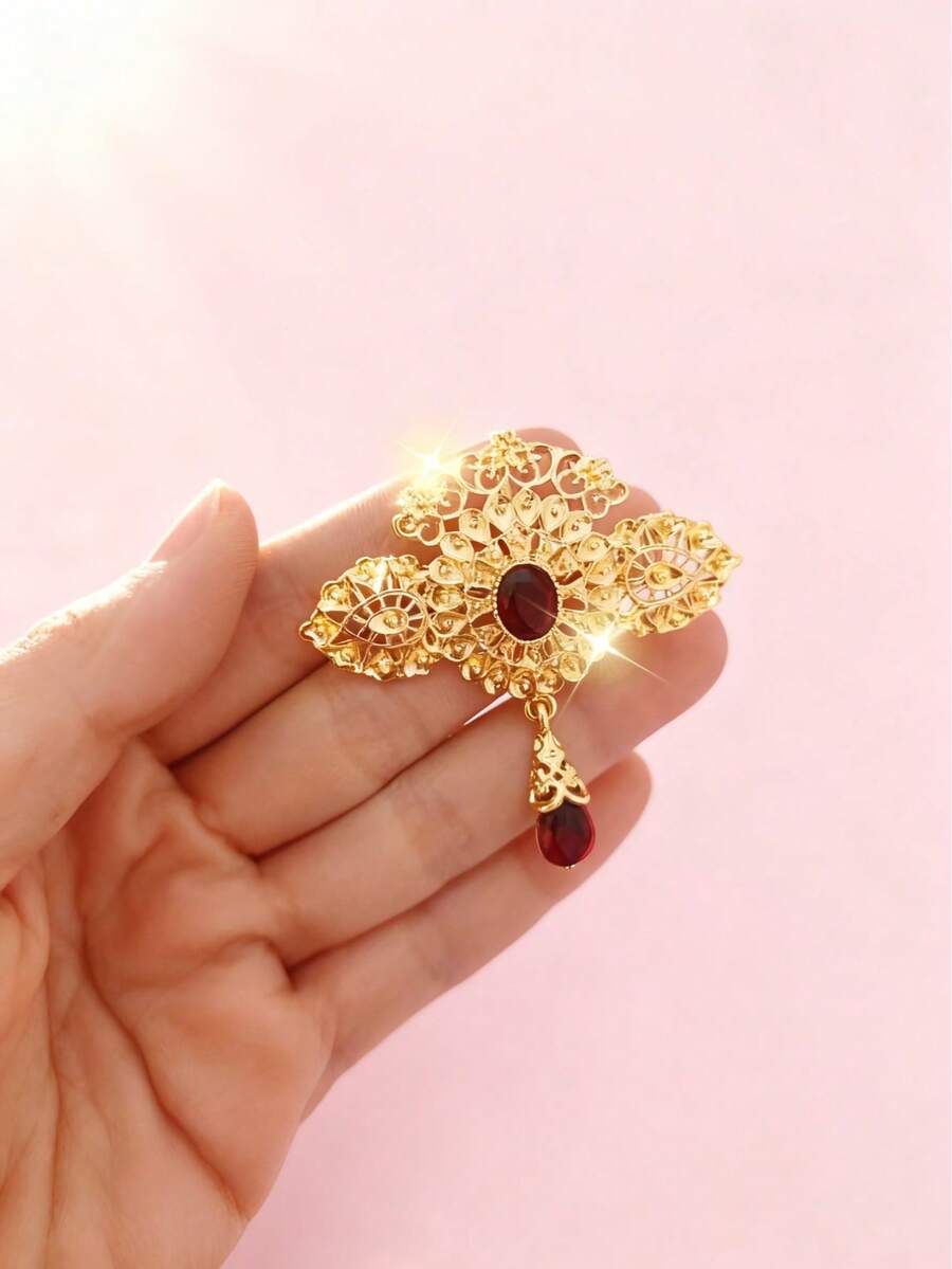 1pc Small Size Vintage Metal Hollow Carved Rhinestone Inlaid Brooch, Suitable For Middle Eastern, Moroccan, Algerian Wedding, Party, Festival Gift - Brooch - View 1
