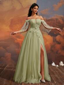 VIPGIRL فستان طويل من التول بتصميم الكتف المنحرف بلون أخضر نعناعي أنيق، فستان سهرة مزين بتطريزات زهرية ثلاثية الأبعاد وشق عالي، فساتين رسمية وسهرة للنساء، فستان حفلات تخرج أحلامي أميرة، فستان سهرة فاخر - مشاهدة 9