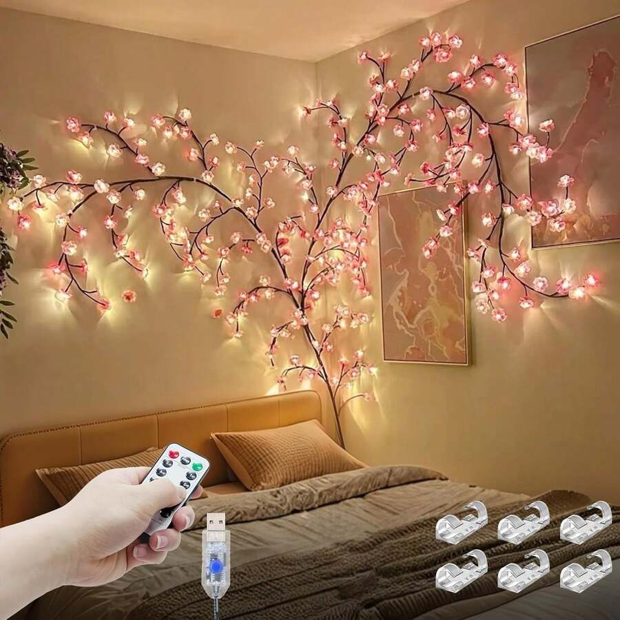 DIY Cherry Enchanted Willow Vine Lights,7.55/6.2/3.9 FT 144/96/48 LED Cherry Blossom Lights With Remote Timer,8 Lighting Modes,LED Tree Branch Light For Wall,Cherry Blossom Wall Decor For Bedroom Home - 粉色 - 查看 1