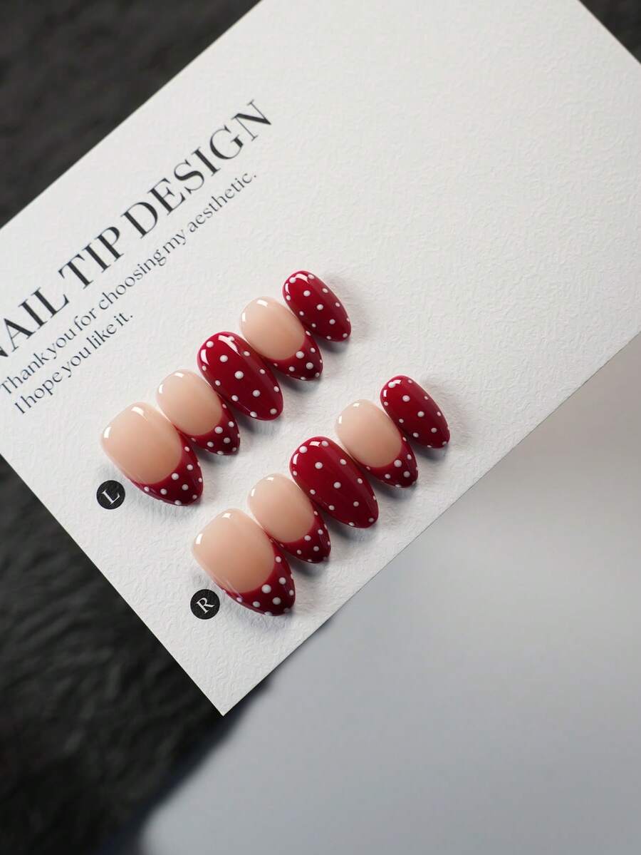 10pcs Handmade Almond-Shaped Red & White Polka Dot Cute Minimalist Fashionable High-End False Nails Handmade Press On Nails