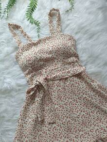Vestido Estampado Feminina Com Bojo Curto Soltinho Com Cinto  Tecido TUNA Novo Modelo Verão - Bege-2 - Visão 3