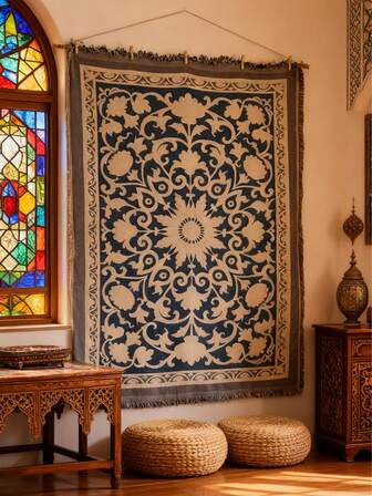 1pc Arabesque BloomThrow Blanket Woven Polyester Floral Wall Hanging Tapestry With Tassels, 180x130cm - Decorative Wall Art For Home Room, Multi-Function Shawl For Sofa Bed Camping Picnic Mat Tablecloth Carpet