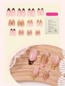 24片棕色法式美甲贴纸，中号杏仁形，金色星星月亮装饰，3D珠子设计，简约复古哑光质感，全覆盖假指甲，适合女性和女孩，情人节及日常佩戴 - 彩色 - 查看 3