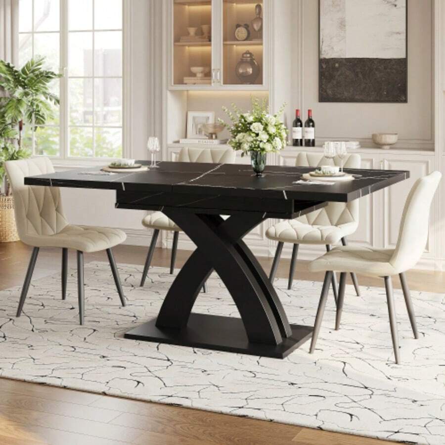 Extendable Dining Table Measuring 120 X 80 X 76 Cm, Ideal For The Dining Room, Kitchen, Or Patio. Wooden Dining Table, Extending Up To 160 Cm In Length, Seats Up To 6 People, Black Lacquered Finish. - Black - View 1