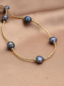 1pc 18K Gold Plated Natural Pearl Necklace, Gift For Mother's Day, Valentine's Day, Birthday, Wedding, Engagement, Bride - Black - View 2