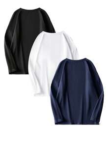 3件套男士休闲日常简约老鹰印花长袖T恤，秋季款 - 彩色 - 查看 4