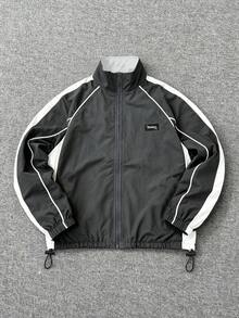 男士休闲运动美式撞色拼接抽绳可调节立领长袖夹克 - 深灰色 - 查看 1