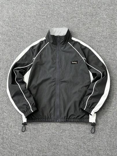 Men's Casual Sports American Style Contrast Color Patchwork Drawstring Adjustable Stand Collar Long Sleeve Jacket