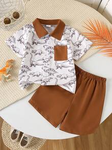 Bộ 2 áo sơ mi tay ngắn in hình khủng long thường ngày mùa hè cho bé trai + quần short màu trơn - màu nâu - Xem 3