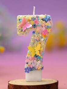 1支彩色手工数字生日蜡烛 - 可爱的花卉蝴蝶图案，闪亮数字0-9蜡烛，燃烧时间短，适合儿童生日派对装饰和庆祝活动，包含1支数字蜡烛，室内使用，生日蜡烛 - 彩色 - 查看 15