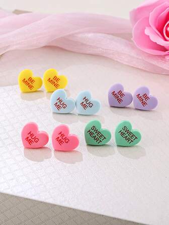 1 par/5 pares de pendientes de botón de resina con corazones de color dulce "Abrázame, sé mía", regalo de joyería romántica para el Día de San Valentín
