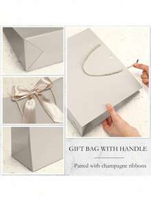 5pcs/1pc-Landscape-Style Kraft Paper Gift Bags, Shopping Bags, Packaging Bags With Handles, Bow-Decorated Handbags, Trick Or Treat, Halloween, White Large-Capacity Paper Bags, Halloween, Thanksgiving, Christmas,Room Decor,Desk Organiser,Mum Gifts,New Years,Personalised,Valentine's Day Decorations, Valentine's Day Gifts, Valentine's Day > Decorations - Champagne - View 4