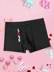 Calzoncillos elásticos y transpirables con estampado de corazón y letra negra en forma de elefante para el Día de San Valentín para hombres - Negro - Ver 2
