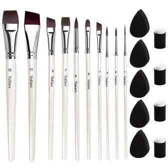 Conjunto de 10 pincéis para pintura artística, incluindo pincel facial e esponja, ideal para pintura acrílica, pintura a óleo, aquarela e têmpera de ovo.