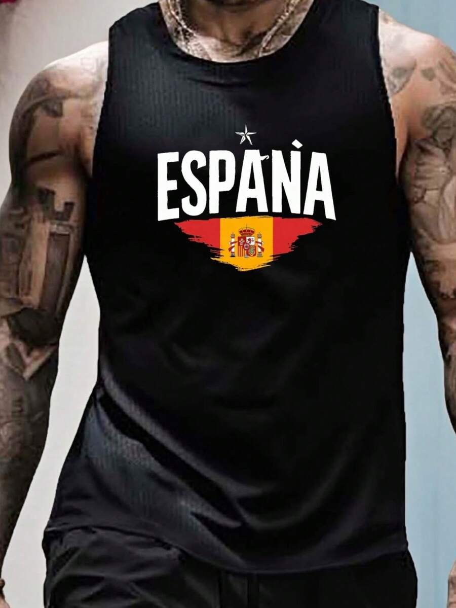 Men's Spain ESPANA Flag Print Tank Top - Red Sleeveless Athletic Shirt, Breathable Polyester, Lightweight & Comfortable For Summer, Casual Sportswear, Sports Tank Top - màu đen - Xem 1