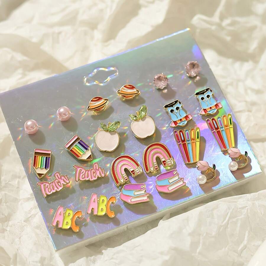 独特的字母、书籍、铅笔可爱有趣的设计 - 粉色 - 查看 1