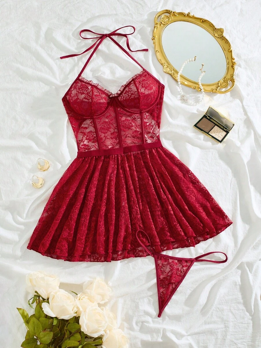 Set di canottiera e perizoma in pizzo trasparente e sexy di moda per donna - Bordò - Visualizzare 1