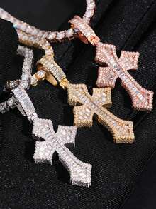 Cross Pendant, Fashionable Copper-Set Cubic Zirconia Men's Necklace, Hip-Hop Jewelry, Stackable Jewelry. - Đơn ba trong một - Xem 1