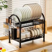 1PCS 2-Tier Wrought Iron Dish Drying Rack Large Size With Bowl Strainer, Drain Board And Utensils Holder Black - 黑色 - 查看 11