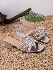 1 Pair Silver Soft PU Teenage Girls' Hollow Strap Bow Rhinestone Slip-On Transparent Chunky Heel Sandals, Square Toe, Simple & Elegant Design, Suitable For Teens, Daily, Party, School, Commute, Travel, Spring/Summer - Silver - View 2