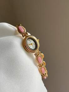 1pc Girl's Vintage French Bracelet Watch, Colorful Gemstone Decor, Luxury Niche Design, Daily Wear Gift Watch, Suitable For Christmas, Valentine's Day, Ramadan, Eid, Carnival - Gold - View 8