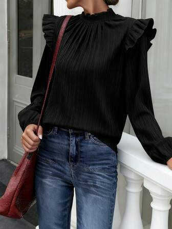 Elegante y simple temperamento en primavera y otoño, camisa casual de mujer para ir y venir, de textura elástica y unicolor, con cuello de madera con olas, cuello semicuello alto y pespunte con volantes, manga larga para uso al aire libre, adecuada para el ocio diario y el ir y venir, y adecuada para salir.