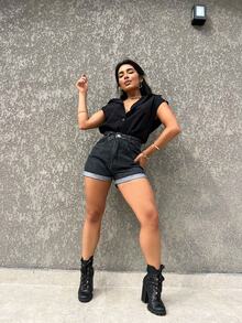 Women's Mom Jeans Shorts, High Waist, Comfortable, Premium Quality, Stylish, Casual - com cinto Grafite - View 2