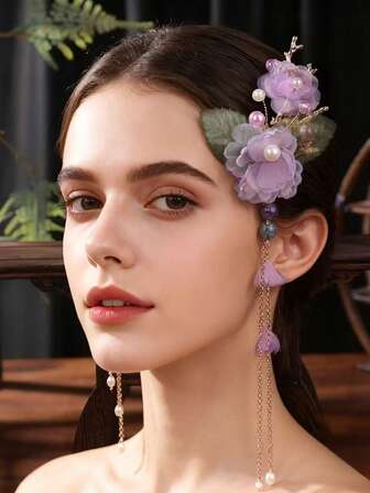 2 piezas Clips para el cabello con flecos de estilo retro, accesorios para el cabello Hanfu de gasa púrpura, pasador para el cabello floral elegante