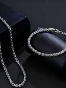 2件套时尚嘻哈独特不锈钢扭链项链和手链首饰套装，日常/节日/派对/生日男士礼物 - 銀色 - 查看 7
