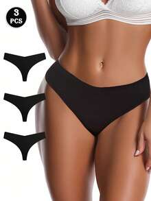 3PCS Women's Solid Panties Seamless Underwear Panties Solid Briefs Mid Rise Sexy V-Cut Waist Comfort Breathable Women's Lingerie Ice Silk Thongs Intimate, Black - Black - View 2