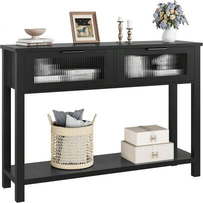 Dragonpad Entryway Table, Wood Console Table With 2 Glass Drawers, 2 Tier Sofa Table With Storage For Living Room, Foyer Tables For Entryway