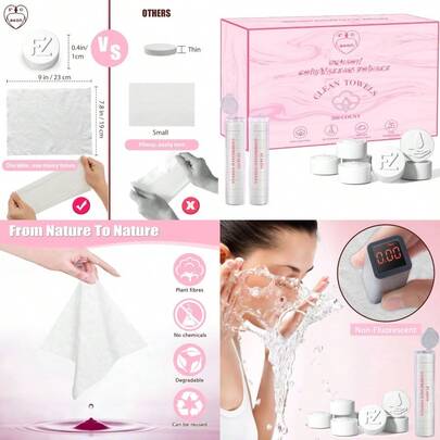 New Compressed Towel Tablet 9"X7.5" 200 Pcs Bulk With 2 Dispensers Packing Disposable Travel Size Mini Coin Towel Extendable Cleansing Wipes Towelettes Pink