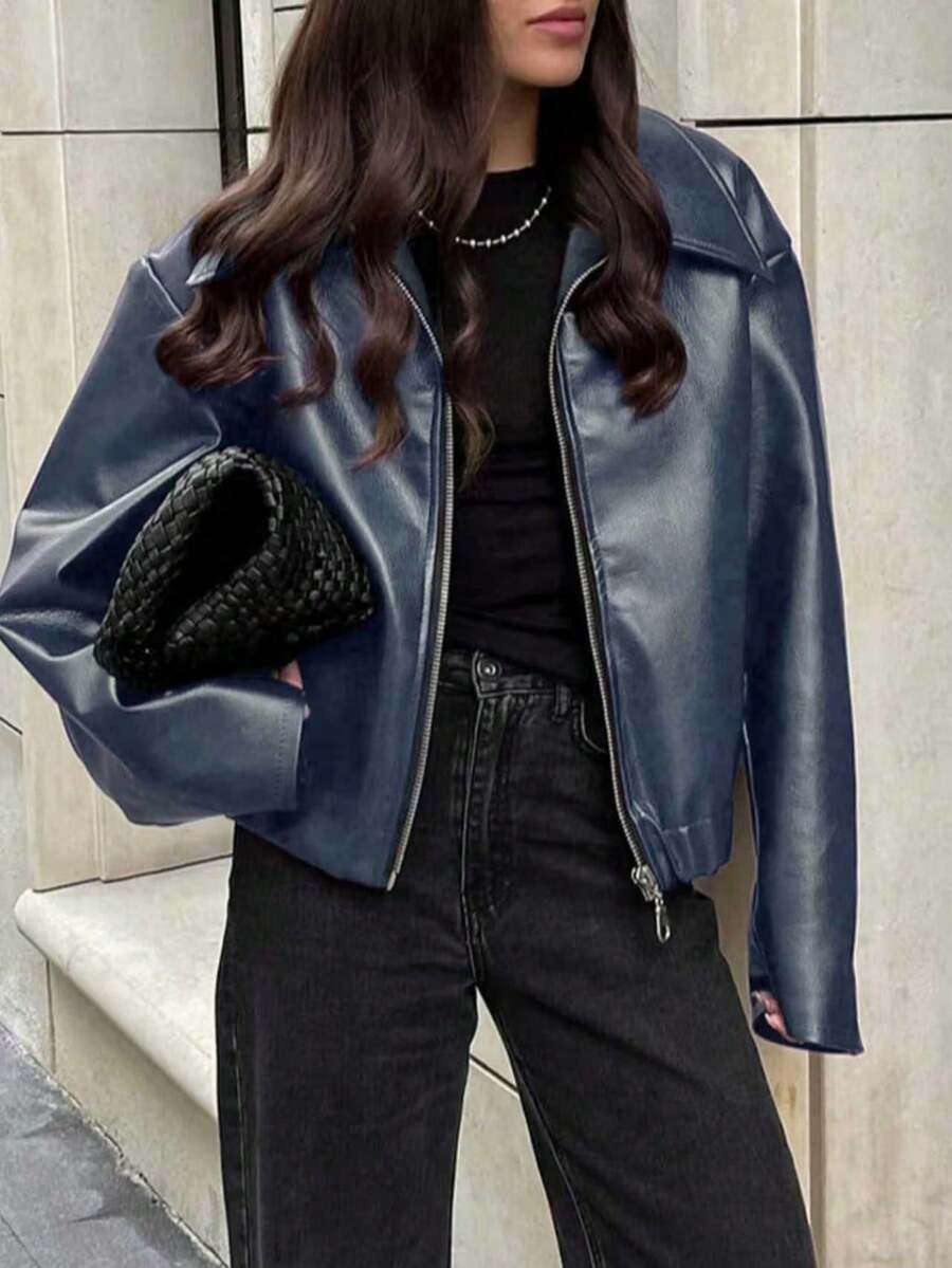 1pc Women's Solid Color Fashionable Loose Matte Leather Jacket Coat, Autumn/Winter