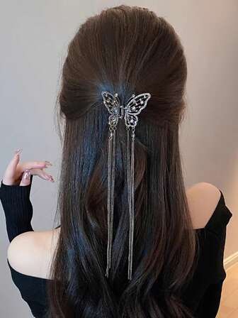 1个基础款珍珠流苏蝴蝶发夹，优雅小巧发爪发饰，女士时尚发饰