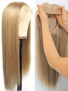 180%密度13x4蕾丝前假发，合成纤维，金色自然直发，优质耐热纤维，女士全套假发，万圣节 - 彩色 - 查看 13