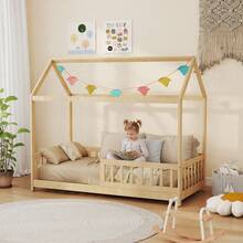 HOMCOM House-Shaped Kids Bed Frame Solid Pine Wood With Guard Rails, Natural - Yellow - View 10