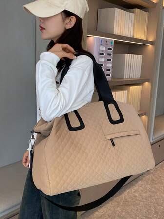 1pc Solid Color Diamond Quilted Tote Bag, Padded, Large Capacity, Zipper Closure, Travel Bag, Fashion Minimalist Sports Gym Bag Luggage Bag Duffle Bag Overnight Bag Durable Travel Organizer Cruise Essentials Vacation Essentials For Men Women