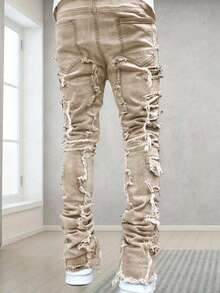 Tween Boy Patchwork Frayed Hem Casual Denim Jeans - Ginger - View 2