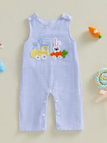 Mono de Pascua para bebé, informal, sin mangas, cuello redondo, conejito, tren bordado, mono sin pies, traje para recién nacido - Azul - Ver 6