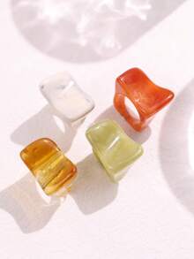 4pcs Vintage Geometric Minimalist Resin Rings Set, Asymmetrical Oversized Rings Suitable For Women's Daily Wear, Festivals, Party Gifts - Multicolor - View 11