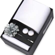 男士正式婚礼领带套装，涤纶面料领带，口袋巾，袖扣，胸针礼盒套装，金色格子图案 - 混色 - 查看 28