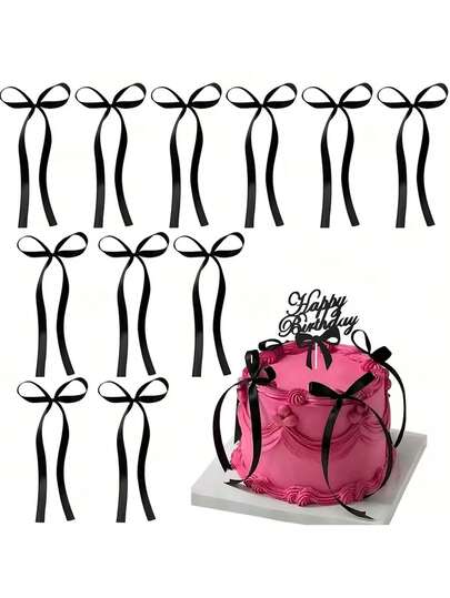 10个优雅黑色蝴蝶结蛋糕装饰 - 涤纶材质，无需用电，完美适用于婚礼、生日、毕业典礼和派对 - 多用途家居及活动装饰，派对蛋糕装饰