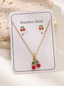 Bộ trang sức 3 món hình quả anh đào ngọt ngào dành cho nữ - Bông tai và dây chuyền xương đòn dễ thương, lãng mạn, phụ kiện tinh tế làm quà tặng. - Nhiều màu - Xem 3