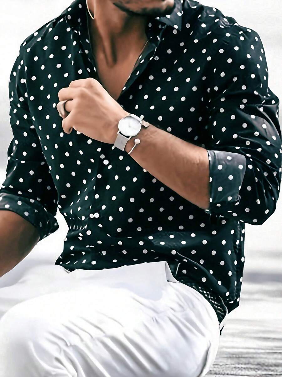 Men's Autumn Digital Polka Dot Print Basic Long Sleeve Casual Shirt, Suitable For Commuting, Streetwear, Home, Halloween, Christmas, Holiday Gifts - Black - View 1
