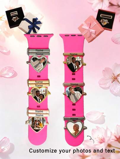 1 Set Customized Name & Photo Watch Band Decor, Suitable For Valentine's Day Gifts - Gold, Silver, Rose Gold Material Customized Watch Band Accessories, Fit For Silicone Smart Watch Bands
