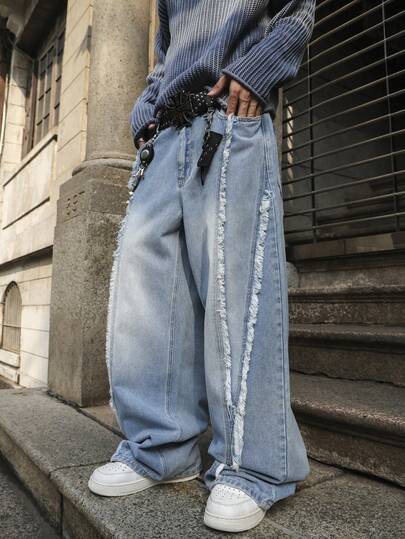 Men's Loose Straight Leg Vintage Washed Distressed Jeans, All Season