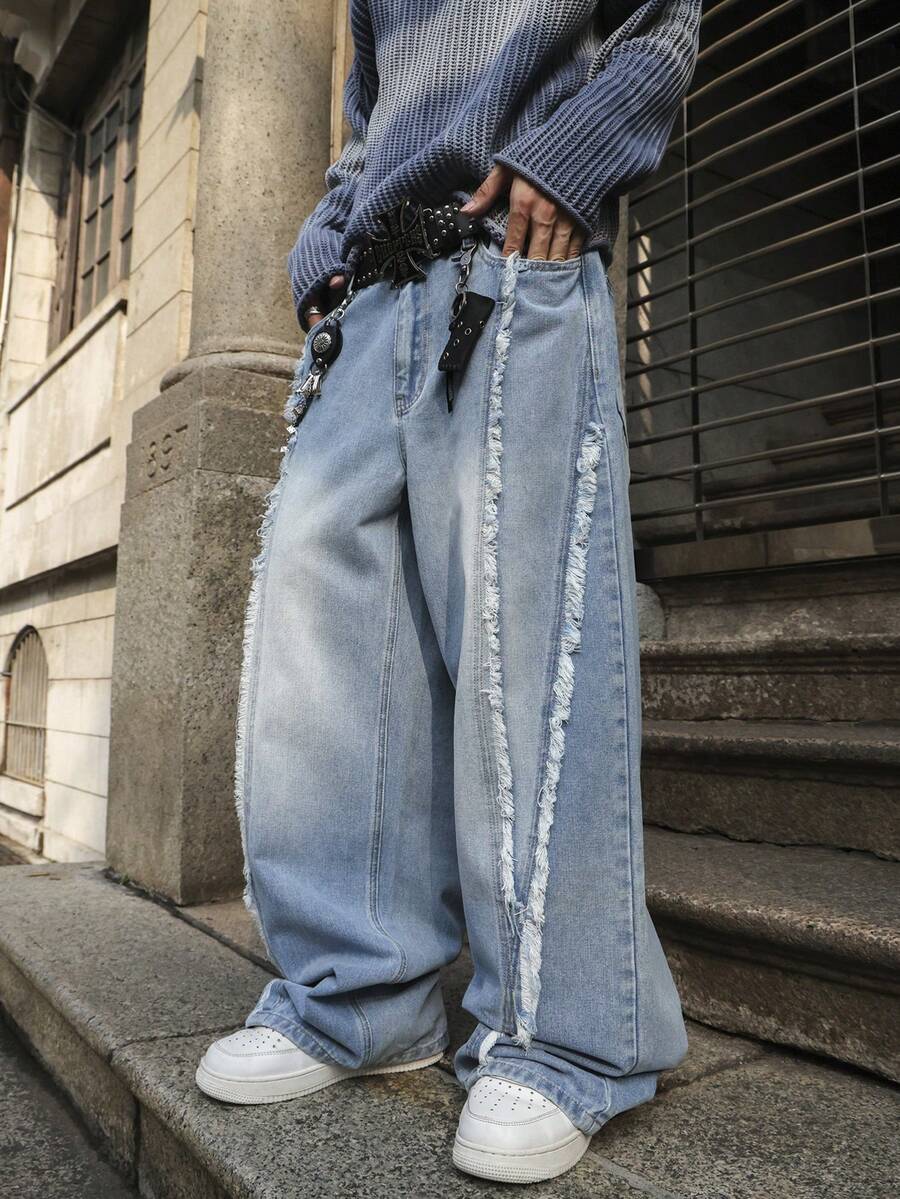 男士宽松直筒复古水洗做旧牛仔裤，四季皆宜 - 淺色水洗藍 - 查看 1