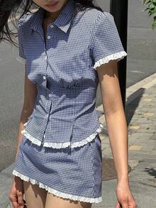Women's Casual Chic Spring/Summer New Sweet & Spicy Blue & White Plaid Set, Short Sleeve Cinched Waist Shirt + Bodycon Mini Skirt, Lace Trim Design, Youthful Girly Summer Outfit, Fitted 2-Piece Set, Collegiate Style - Multicolor - View 2